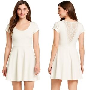 Bailey Blue White Fit And Flare Dress Medium Lace Back Short Sleeve Party Skater